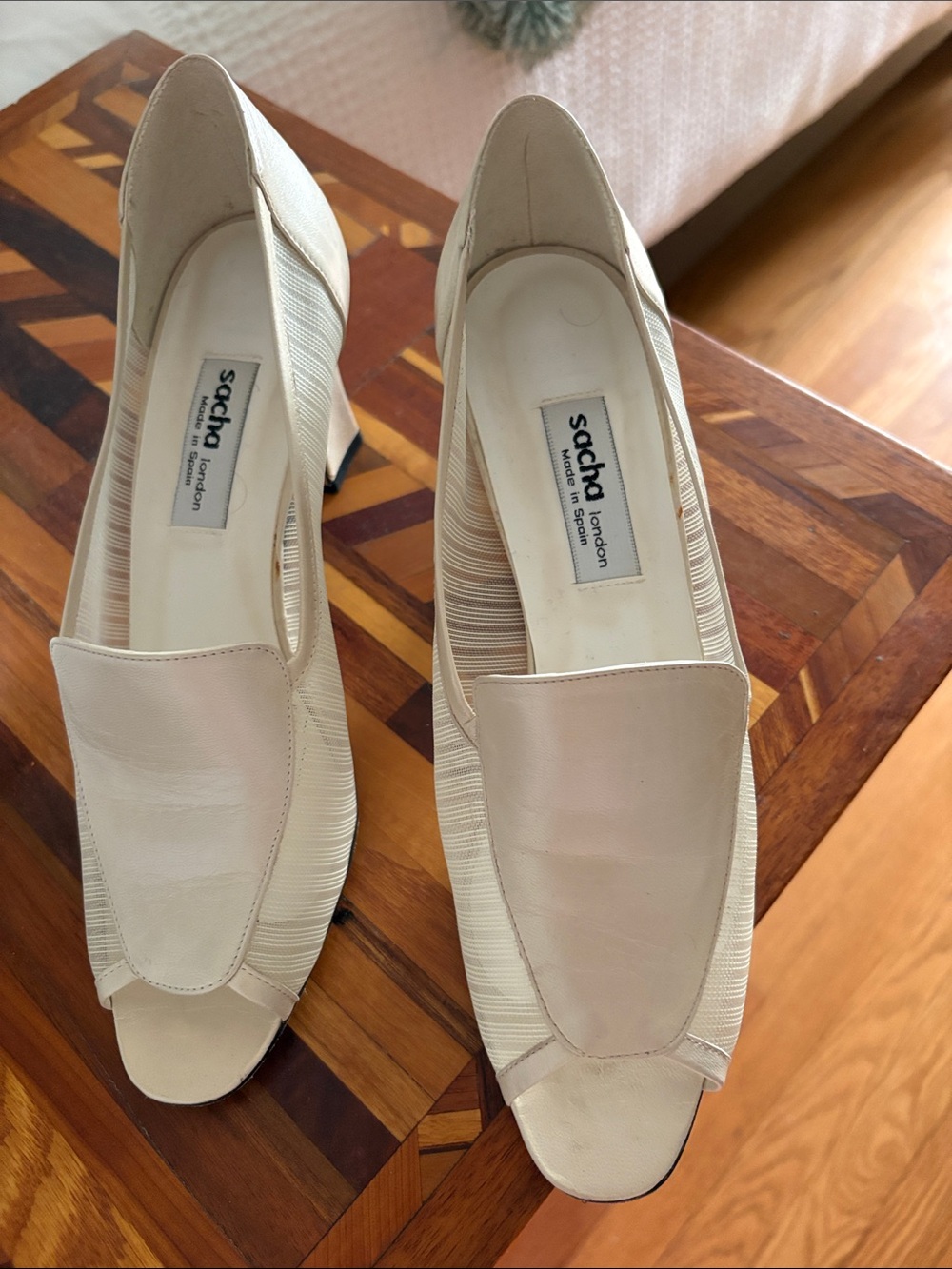 Sacha London Cream Peep-Toe Loafer Heels